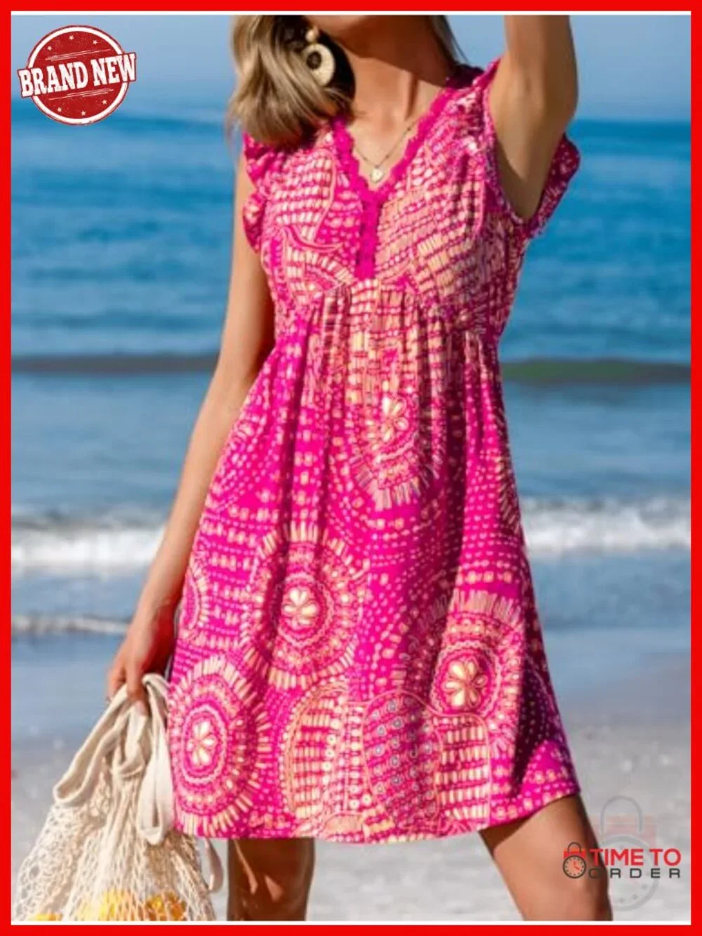 Flutter Sleeve V Neck A-Line Mini Sundress with Lace Trim